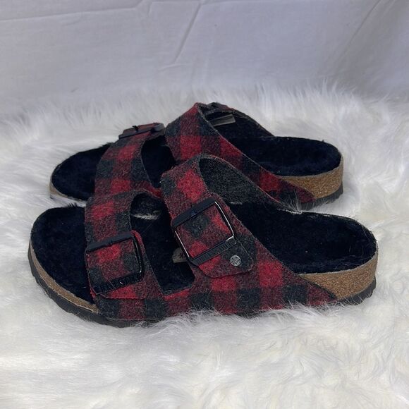 Birkenstock Arizona Plaid Shearling Sandals Sz 37/US 6 - Picture 5 of 7